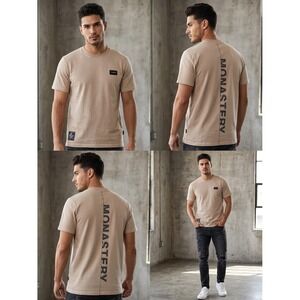 Monastery Couture Mens XXL Tan Beige Pima Cotton Back Logo Graphic T-Shirt